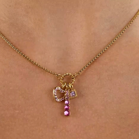 Gold Tone Dainty Twist Ring Pendant Pink Stone Charm Necklace - Picture 4 of 9